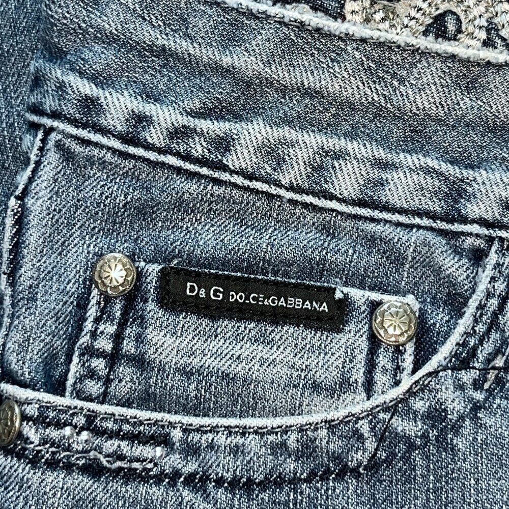 VINTAGE D&G DOLCE & GABBANA EMBROIDERED & STUDDED LOW RISE FLARE JEANS - 30 / 34 - Picture 14 of 16